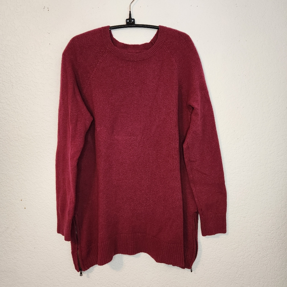 LOFT Burgundy Crew‎ Neck Sweater with Zipper Side Detail, Size M